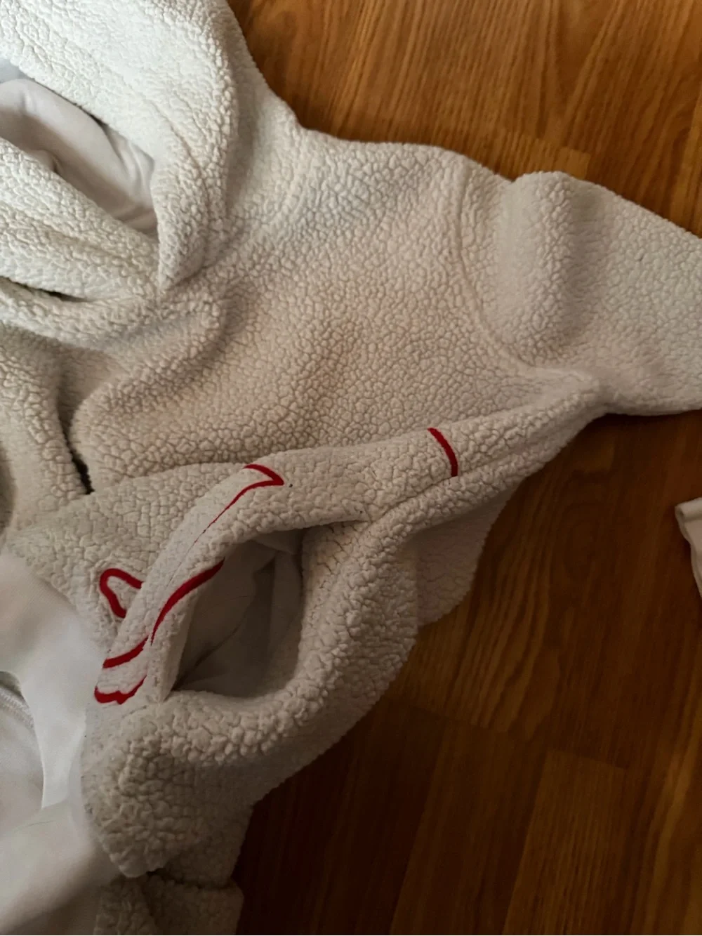 abercrombie kids Cream Sherpa Hoodie with Red Moose Outline